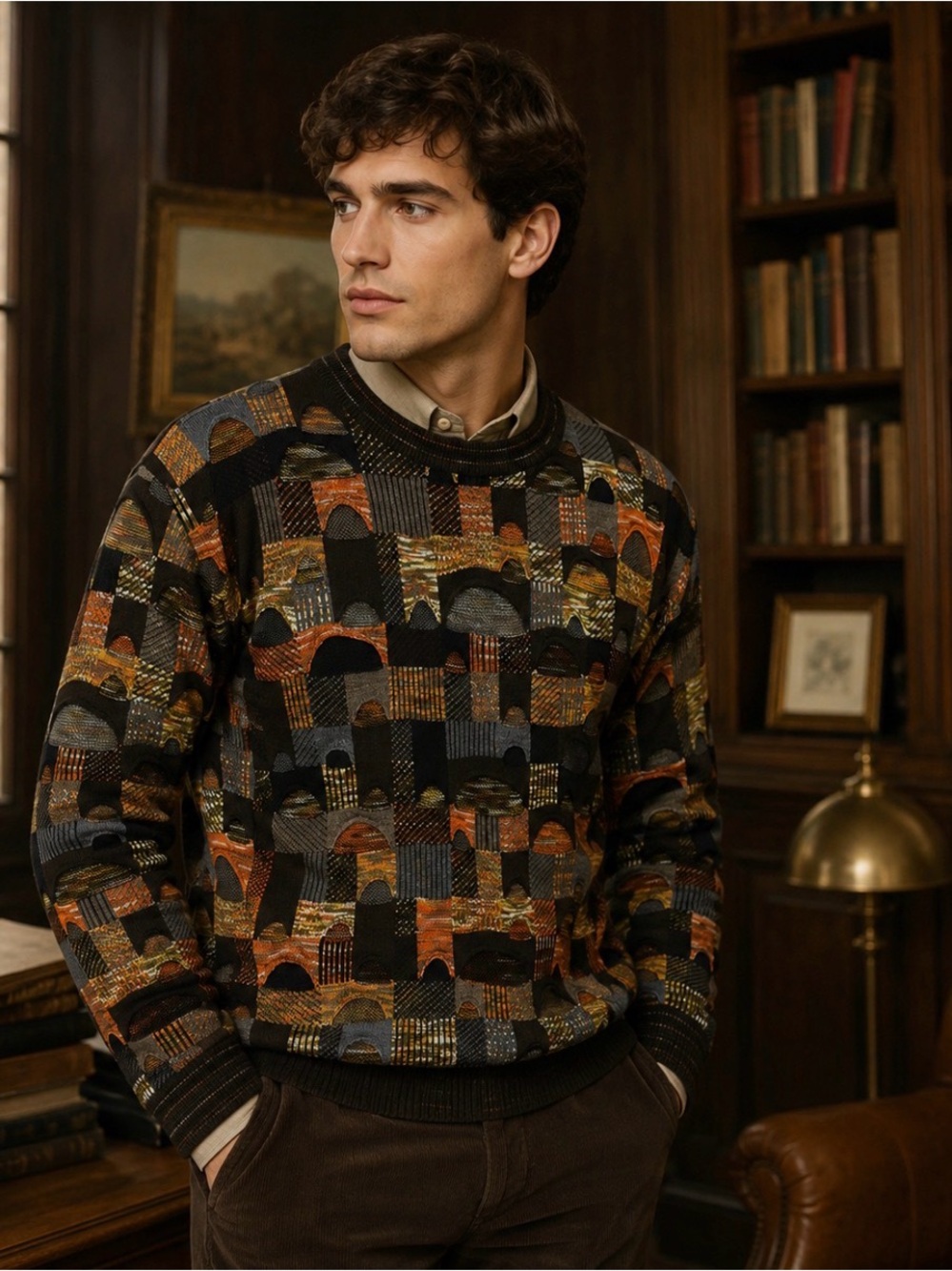 Montechiaro Made in Italy Merino Wool Abstract Patchwork 3D Knit Sweater M 50